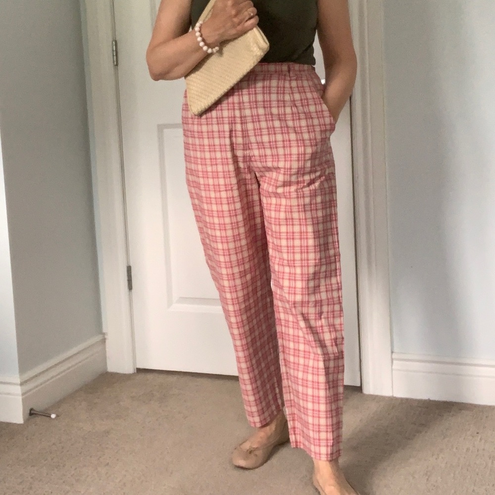 TALBOTS TAN & RED COTTON HIGH WAISTED BARREL LEG ANKLE PANT / sz 10 fits smaller